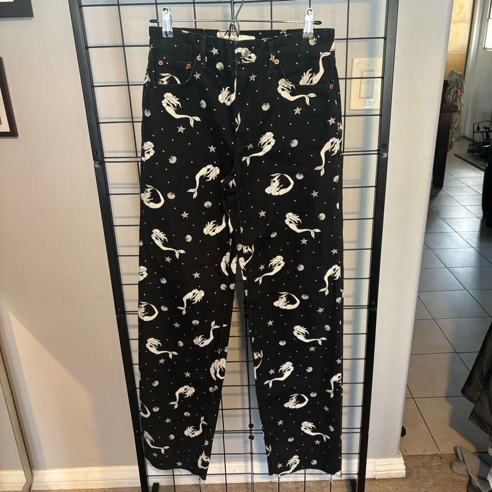 Zara The Trevor full length Off the Seas Black Jeans with White Mermaid Print